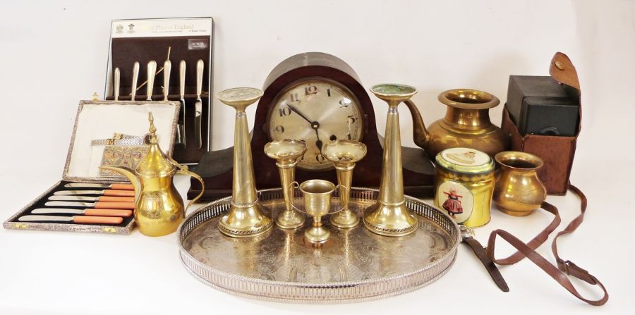 Kodak Portrait Hawkeye No. 2 camera, a wooden cased mantel clock together with various metalware (
