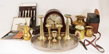 Kodak Portrait Hawkeye No. 2 camera, a wooden cased mantel clock together with various metalware (