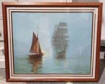 After Montague Dawson Print of a tall mast ship together with a Japanese woodblock print, a