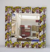Comic collage framed mirror, 43cm x 42cm