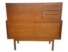 Mid 20th century secretaire, fall front with four drawers and sliding cupboard below on straight