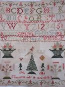Victorian alphabet sampler, indistinctly named and dated 1886, unframed, 42cm x 39cm