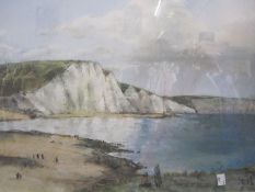 20th century school Pastel and charcoal drawing Coastal scene with white cliffs and figures in