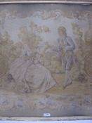 Tapestry woolwork picture depicting a courting couple within a cartouche, in yellow, green and