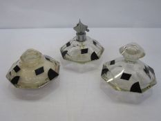 Art Deco black and clear glass and chrome dressing table set of three pieces, octagonal and panel