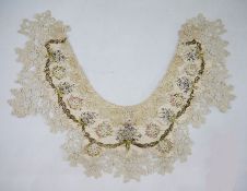 Victorian lace and embroidered collar, the embroidery showing bunches of flowers and ribbons, ???