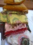 Vintage fabric and cushions to include a large piece of yellow cotton machine embroidered with red