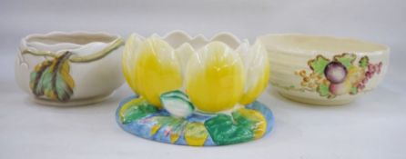 Clarice Cliff pottery bowl moulded as a waterlily, 13cm high, a Clarice Cliff pottery bowl, leaf