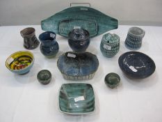 Oriental studio pottery bowl, leaf-shaped moulded, blue glaze with character marks to base, 17cm