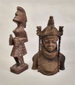 African Benin style carved hardwood bust of a woman wearing a headdress and collar, 32cm, a carved
