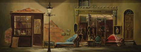 W Stevenson (20th century)  Oil on canvas board Exterior view of an antiques shop, signed and