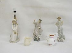 Lladro figure of a girl seated, another Lladro figure with harp, a Nao model of a girl as table