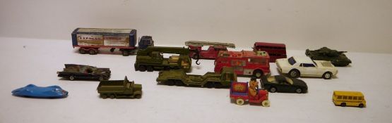 Quantity of playworn Corgi, Dinky and Matchbox diecast model cars to include 'Corgi Toys Batmobile',