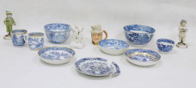 Blue and white transfer-decorated ceramics to include teacups, saucers, semi-china sugar bowl and
