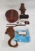 Black Forest-style jointed carved wooden bear toy, a leather collar box, a quantity of cigarette
