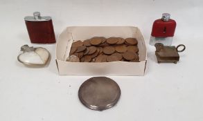 Silver compact of circular form with engine-turned decoration, a shell flask of heart-shape with