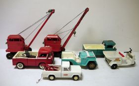 Two Tri-ang tinplate cranes, Tonka truck, jeep and 'Serv-I-Car' and two other trucks (1 box)