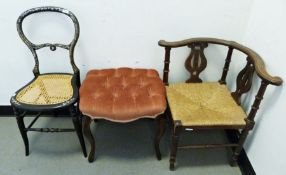 Dressing table stool on cabriole legs, a corner chair and a mother-of-pearl inlaid cane-seated chair