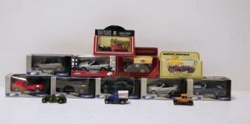 Collection of mostly boxed diecast cars, including Matchbox, Welly, BMW, Porsche, Mercedes,