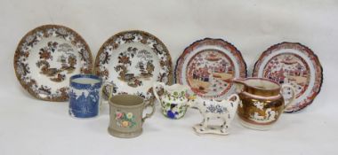 19th century transfer-printed Chinese export mug, a lustre Sunderland-type jug, a cow-shaped