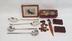 Quantity of loose postcards and photographs, leather-bound prayer books, stainless steel salad