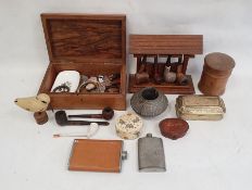African metal bangle cuff with brass pins, an oak pipe rack, an engraved brass box, a hardwood box