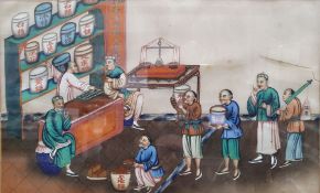 Set of four Chinese watercolours on rice paper, three depicting ceremonial processions, the other