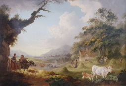 In the circle of Julius Caesar Ibbotson Oil on board Pastoral scene with haymaking before a