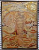 21st Century school Oil and mixed media on canvas Elephant in golden hues, signed indistinctly