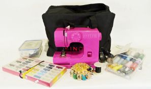 Various Chinese silk items and linen and an Argos sewing machine (2)