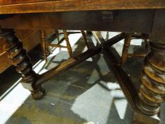 Edwardian oak draw-leaf table with barleytwist and block supports, X-shaped stretchered base