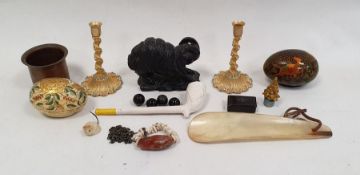 Pair of small gilt metal candlesticks, a 19th century papier-mache snuff box with pewter inlay, a