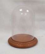 Modern glass dome on circular wooden base, 37cm high