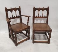 Set of six (6+2) early 20th century oak dining chairs with carved backs, on turned and block front