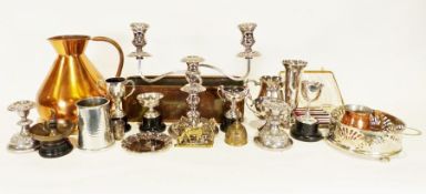 Large copper ewer, a Portmeirion Botanic Garden vase, various plated ware, copper ware and