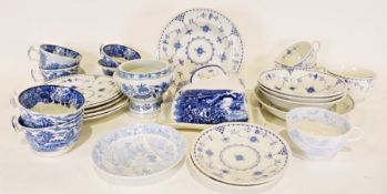 Furnivals Denmark pattern part dinner service, various chinaware and linen (3 boxes)