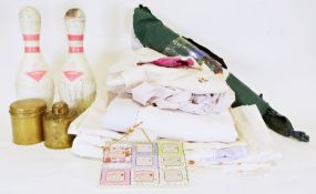 Pair of AMF ten pin bowling pins, two brass jars and a quantity of linen (1 box)