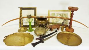 Brass ceiling light with white glass shade, a brass vase, a watercolour by E A Brisk, an African