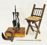 Three pairs of riding boots, a riding helmet, a cast iron fireside set, a folding wooden stool and