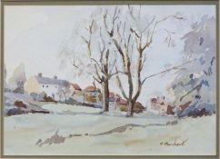 M Marchant  Watercolour Village, signed lower right and various pictures and prints (13)