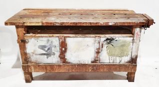 Vintage woodworker's bench with assorted cupboard doors and vice, on block supports, 166 x 64cm
