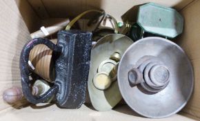Metalware to include kitchen scales, balance scales, flat iron, etc (1 box)