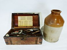Wooden tool box containing various tools and a large stoneware jar (2)