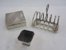 Silver six-division toast rack, Sheffield 1915, a silver salt and an engine-turned cigarette case (