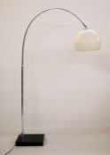 Modern mid century-style Italian design arc floor lamp with cream glass spherical shade, on steel