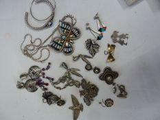 Pair silver, garnet and amethyst-coloured stone pendant drop earrings, a marcasite insect brooch,