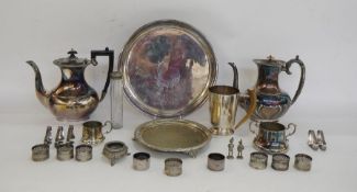 Silver-plated coffee pot and another, a silver-plated tankard with a horn handle, various napkin