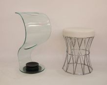 Modern Tam Tam shaped circular stool with cream leather top, on chromed base and a Fiam Italia glass