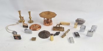Assorted metalware items to include copper ware, a selection of table lighters to include Ronson,