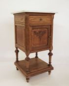 20th century white marble-topped pot cupboard on oak base with single drawer and cupboard door,